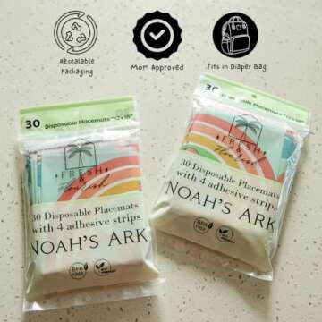 Kids Disposable Placemats for Baby | 60 Noah’s Ark Disposable Placemats for Toddlers w/Adhesives | Stick on Baby Mats for Parents on The Go | Travel Essential