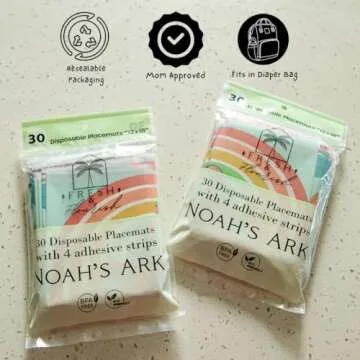 Kids Disposable Placemats for Baby | 60 Noah’s Ark Disposable Placemats for Toddlers w/Adhesives | Stick on Baby Mats for Parents on The Go | Travel Essential