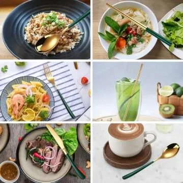 AARAINBOW 7 Pieces Stainless Steel Flatware Set Portable Reusable Cutlery Set Travel Utensils Set Including Chopsticks Knife Fork Spoon Straws Cleaning Brush Dishwasher Safe (7 Green Golden)