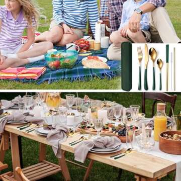 AARAINBOW 7 Pieces Stainless Steel Flatware Set Portable Reusable Cutlery Set Travel Utensils Set Including Chopsticks Knife Fork Spoon Straws Cleaning Brush Dishwasher Safe (7 Green Golden)