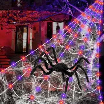 Spider Webs Halloween Decorations Outdoor - 16.4ft Giant Light Up Spider Web with Purple Orange LED ...