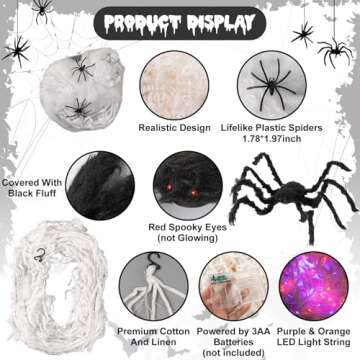Spider Webs Halloween Decorations Outdoor - 16.4ft Giant Light Up Spider Web with Purple Orange LED Lights, 36" Black Spider and Scratch Spiderweb for Light Up Scary Halloween Yard Garden Decorations