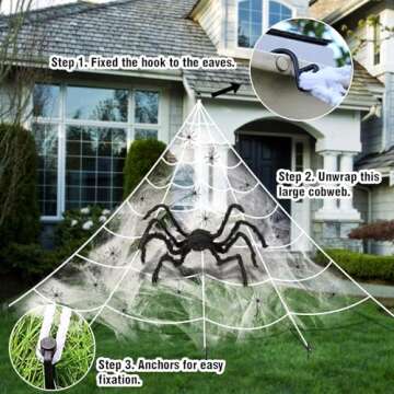 Spider Webs Halloween Decorations Outdoor - 16.4ft Giant Light Up Spider Web with Purple Orange LED Lights, 36" Black Spider and Scratch Spiderweb for Light Up Scary Halloween Yard Garden Decorations