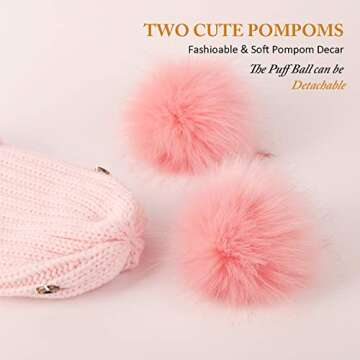 Womens Winter Double Pom Pom Beanie Fleece Lined Bobble Hat Knitted Faux Fur Pom Detachable Ball Cap Adult Skull Hat