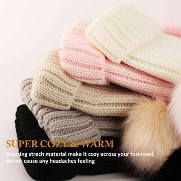Womens Winter Double Pom Pom Beanie Fleece Lined Bobble Hat Knitted Faux Fur Pom Detachable Ball Cap Adult Skull Hat