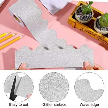 durony 65.6 Feet Bulletin Board Borders Glitter Borders Trim Scalloped Board Borders Decoration Borders for School Classroom Decoration (Silver)