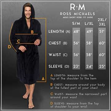 Ross Michaels Mens Robe Hooded Wrap Style - Mid Length Plush Fleece Bathrobe (Black, Large/X-Large)