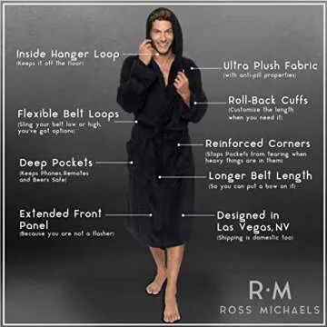 Ross Michaels Mens Robe Hooded Wrap Style - Mid Length Plush Fleece Bathrobe (Black, Large/X-Large)