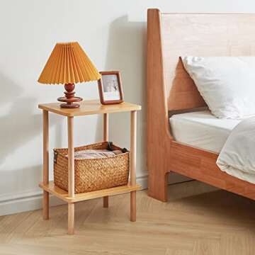 IBUYKE 2-Tier Side Table, Solid Wood Tall End Table with Storage Shelves, Nightstand Bedside Table for Living Room Bedroom Office, No-Tool Assembly, Natural UWST002N