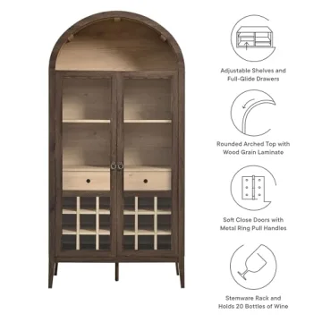 Modway Nolan Farmhouse Arched Bar Cabinet with Wine Rack