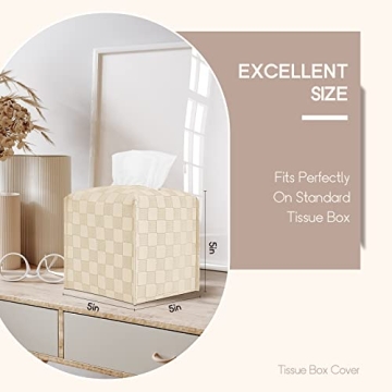 LeCorner Tissue Box Cover, Square Tissue Box Holder, PU Leather Tissue Holders Decorative, Modern Facial Paper Organizer Dispenser for Bathroom Car Office Home Neutral Decor,Grid Pattern 5x5x5''