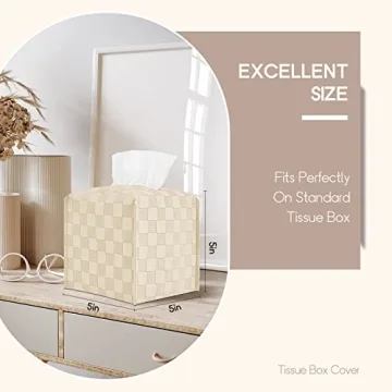LeCorner Tissue Box Cover, Square Tissue Box Holder, PU Leather Tissue Holders Decorative, Modern Facial Paper Organizer Dispenser for Bathroom Car Office Home Neutral Decor,Grid Pattern 5x5x5''