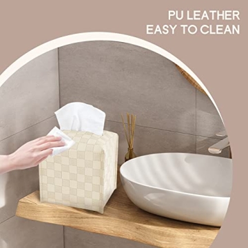 LeCorner Tissue Box Cover, Square Tissue Box Holder, PU Leather Tissue Holders Decorative, Modern Facial Paper Organizer Dispenser for Bathroom Car Office Home Neutral Decor,Grid Pattern 5x5x5''