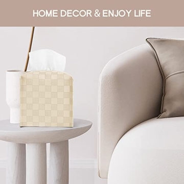 LeCorner Tissue Box Cover, Square Tissue Box Holder, PU Leather Tissue Holders Decorative, Modern Facial Paper Organizer Dispenser for Bathroom Car Office Home Neutral Decor,Grid Pattern 5x5x5''