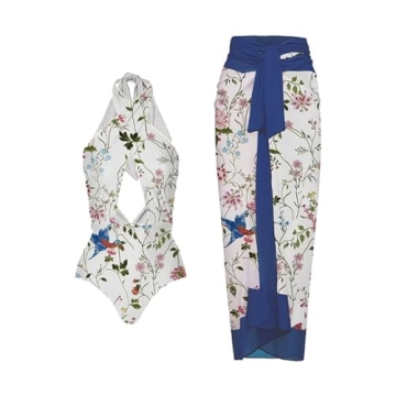 IDOPIP Women's One Piece Swimsuit with Beach Cover up Wrap Skirt Sarong Retro Floral Print Bikini Set Two Piece Bathing Suits