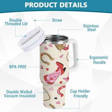 Boccsty Cowgirl Cowboy Insulated Tumblers Heart Reusable Stainless Steel Tumbler 30 oz Cup Coffee Travel Mug Water Bottle with Handle & Flip Straw for Home Office Car