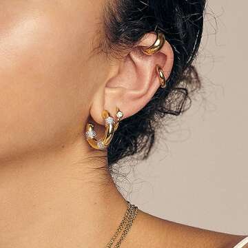 OPFIV 6 Pairs Chunky Small Gold Hoop Earrings Set for Women Men 14K Gold Plated Dainty Hypoallergenic Cz Diamond Hoops Huggie Earring Stack for Mutliple Piercing Ear Cuff Cartilage Earrings Jewelry Gifts