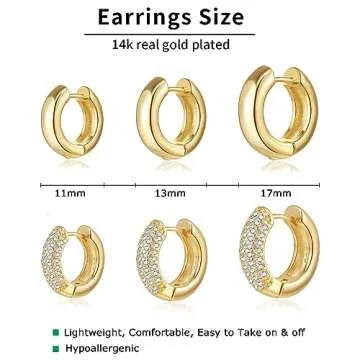 OPFIV 6 Pairs Chunky Small Gold Hoop Earrings Set for Women Men 14K Gold Plated Dainty Hypoallergenic Cz Diamond Hoops Huggie Earring Stack for Mutliple Piercing Ear Cuff Cartilage Earrings Jewelry Gifts