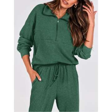 BTFBM Women's 2 Piece Tracksuit Fall Outfits 2025 Long Sleeve Half Zip Sweatshirt Sweatpants Lounge Set Sweatsuits(Solid Dark Green,Large)