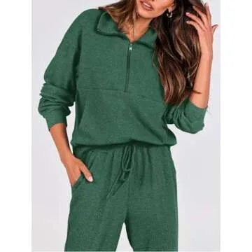 BTFBM Women's 2 Piece Tracksuit Fall Outfits 2025 Long Sleeve Half Zip Sweatshirt Sweatpants Lounge Set Sweatsuits(Solid Dark Green,Large)