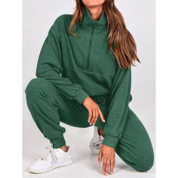 BTFBM Women's 2 Piece Tracksuit Fall Outfits 2025 Long Sleeve Half Zip Sweatshirt Sweatpants Lounge Set Sweatsuits(Solid Dark Green,Large)