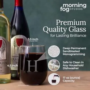 Morning Fog Studios Personalized Stemless Wine Glasses Set of 4-17oz Monogrammed Glassware for Personalized Celebration, Perfect for Weddings, Anniversaries, and Special Occasion Gifting, (H)