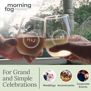 Morning Fog Studios Personalized Stemless Wine Glasses Set of 4-17oz Monogrammed Glassware for Personalized Celebration, Perfect for Weddings, Anniversaries, and Special Occasion Gifting, (H)