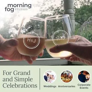 Morning Fog Studios Personalized Stemless Wine Glasses Set of 4-17oz Monogrammed Glassware for Personalized Celebration, Perfect for Weddings, Anniversaries, and Special Occasion Gifting, (H)