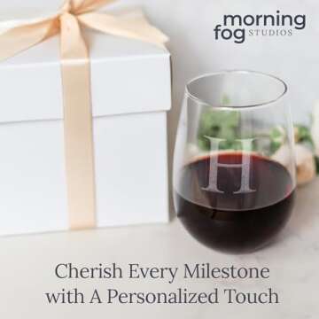 Morning Fog Studios Personalized Stemless Wine Glasses Set of 4-17oz Monogrammed Glassware for Personalized Celebration, Perfect for Weddings, Anniversaries, and Special Occasion Gifting, (H)