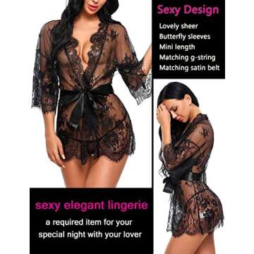 Avidlove lingerie for women plus size Women's Lace Kimono Robe Babydoll Lingerie Mesh Nightgown Black XXL
