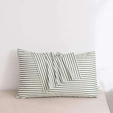 JELLYMONI 100% Natural Cotton Striped Standard Pillowcases Set, 4 Pack Green and White Stripes Patte...