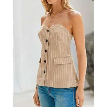 Cicy Bell Womens Strapless Blazer Vest Sleeveless Tube Tops Striped Button Up Waistcoat Vest Business Fitted Suit Vest