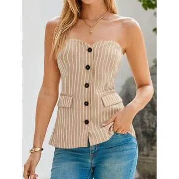 Cicy Bell Womens Strapless Blazer Vest Sleeveless Tube Tops Striped Button Up Waistcoat Vest Business Fitted Suit Vest