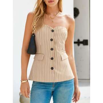 Cicy Bell Womens Strapless Blazer Vest Sleeveless Tube Tops Striped Button Up Waistcoat Vest Business Fitted Suit Vest