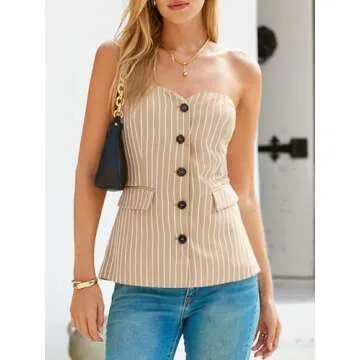 Cicy Bell Womens Strapless Blazer Vest Sleeveless Tube Tops Striped Button Up Waistcoat Vest Business Fitted Suit Vest