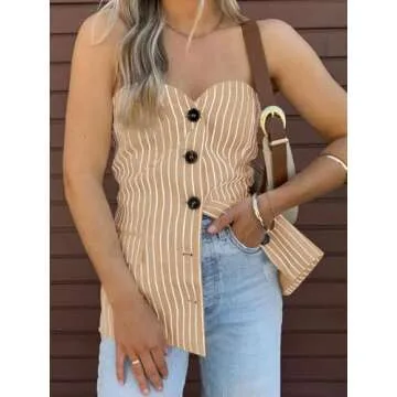 Cicy Bell Womens Strapless Blazer Vest Sleeveless Tube Tops Striped Button Up Waistcoat Vest Business Fitted Suit Vest