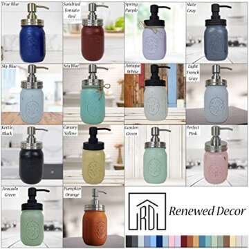 Renewed Decor Rustic Painted Mason Jar Soap Lotion Pump Dispenser - Modern Farmhouse Bathroom and kitchen Decor - Available in 20 colors - Shown in Sky Blue