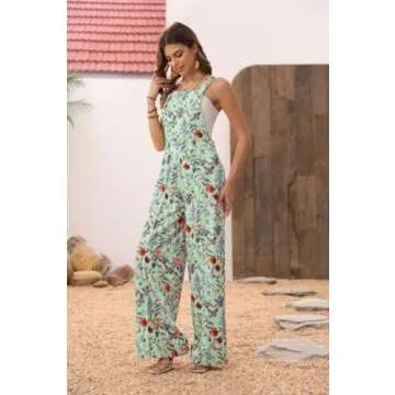 VALHMKT Floral Button Wide Leg Jumpsuit, Womens Jumpsuits Casual, Overalls for Women Loose, Floral Print Baggy Rompers (Color : Black, Size : Medium)