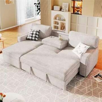 LUMISOL 89" Convertible Sleeper Sofa Bed, L-Shape Sectional Sofa with Pull Out Bed, Reversible Storage Chaise, Upholstered Sofa Couch with Cup Holders & USB Ports for Living Room, Small Spaces, Beige