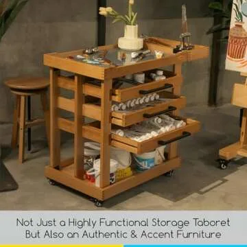 MEEDEN Art Supplies Storage Cart: 5-Tier Solid Beech Wood Utility Rolling Cart with 3 Drawers - Craft Orgnizer on 4 Wheels