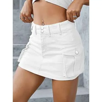Low Waist Cargo Skirt Women Button Mini Cargo Denim Skirt with Pocket Mini Skirt White