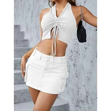 Low Waist Cargo Skirt Women Button Mini Cargo Denim Skirt with Pocket Mini Skirt White
