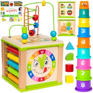 TOYVENTIVE Wooden Activity Cube Montessori Toy for Toddlers