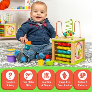 TOYVENTIVE Wooden Activity Cube Montessori Toy for Toddlers