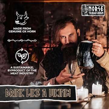 Norse Tradesman LG Viking Drinking Horn Mug - 100% Authentic Beer Horn Tankard With Hardwood Bottom ...