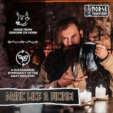 Norse Tradesman LG Viking Drinking Horn Mug - 100% Authentic Beer Horn Tankard With Hardwood Bottom ...
