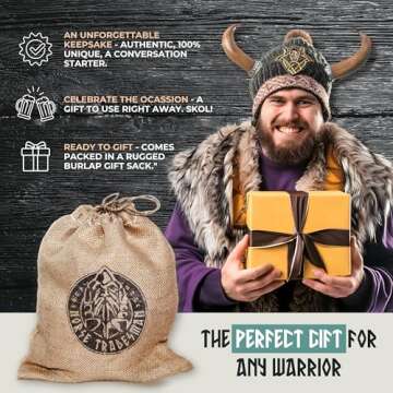 Norse Tradesman LG Viking Drinking Horn Mug - 100% Authentic Beer Horn Tankard With Hardwood Bottom & Ring Engravings | The Eternal, Low Polish, approx. 16 oz