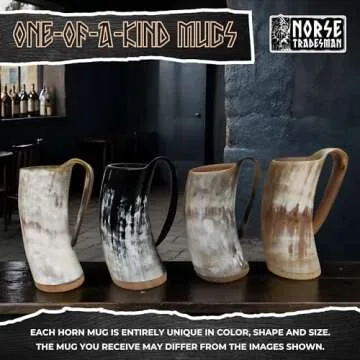 Norse Tradesman LG Viking Drinking Horn Mug - 100% Authentic Beer Horn Tankard With Hardwood Bottom & Ring Engravings | The Eternal, Low Polish, approx. 16 oz
