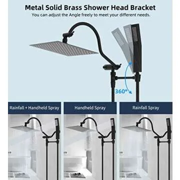 Hibbent All Metal Shower Head, 10'' High Pressure Rainfall Shower Head, Showerhead Combo/Handheld Shower Wand, 12'' Adjustable Curved Shower Extension Arm, 71'' Hose, 2 Shower Holders, Matte Black