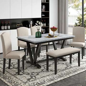 6 Piece Dining Table Set, Modern Style 6-Person Dining Table with 4 Upholstered Chairs & a Bench, Wo...